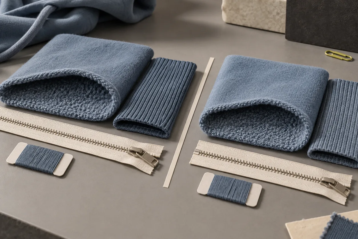 Two conceptual blue fleece, rib, zipper-tape and thread groups are arranged for a component comparison
