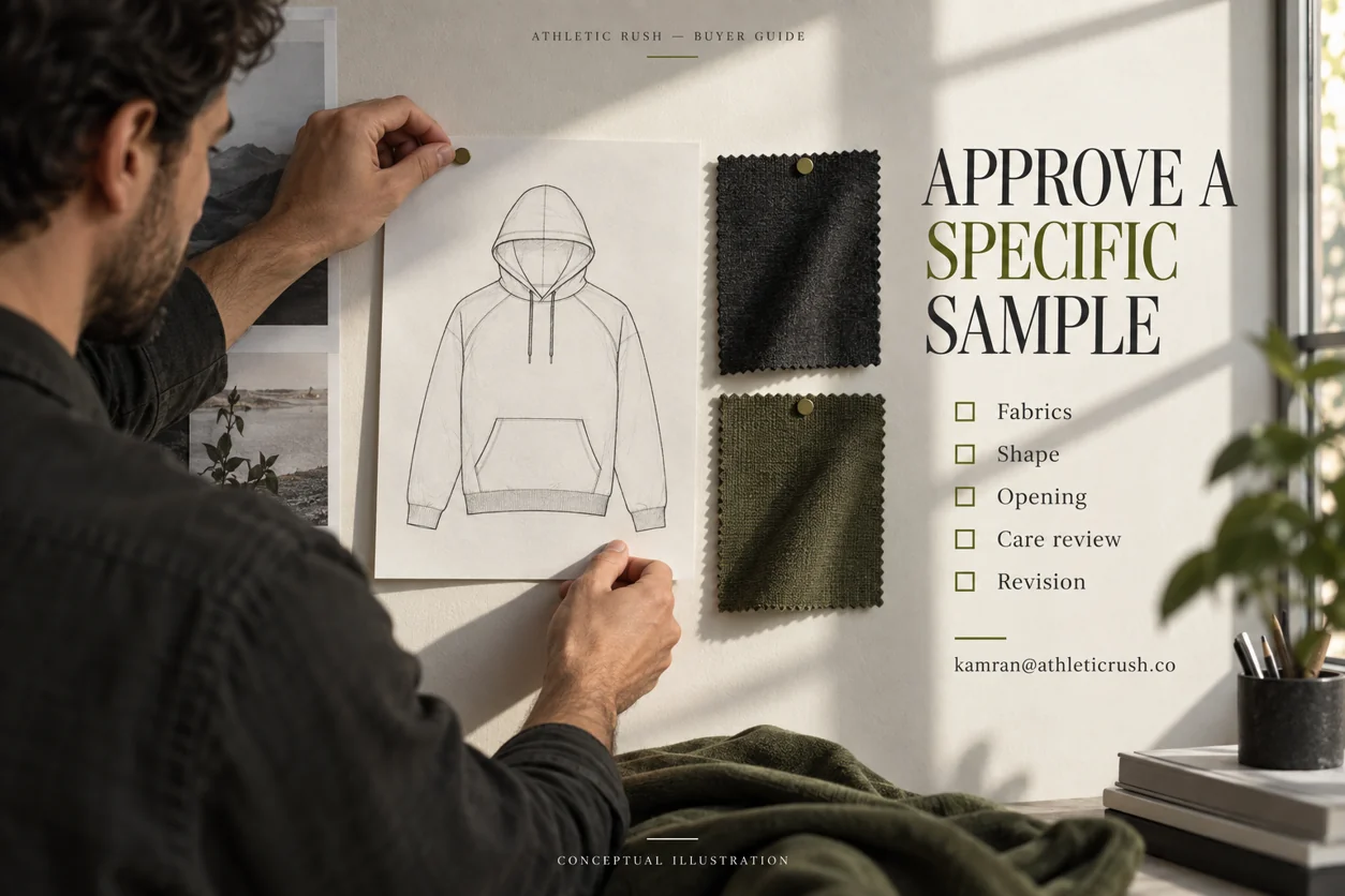 Conceptual buyer assembling a hood specification from a drawing fabric swatches and review checklist