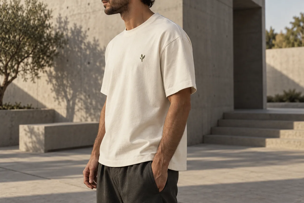 Conceptual wearer showing a discreet embroidered chest position on an ivory boxy T-shirt