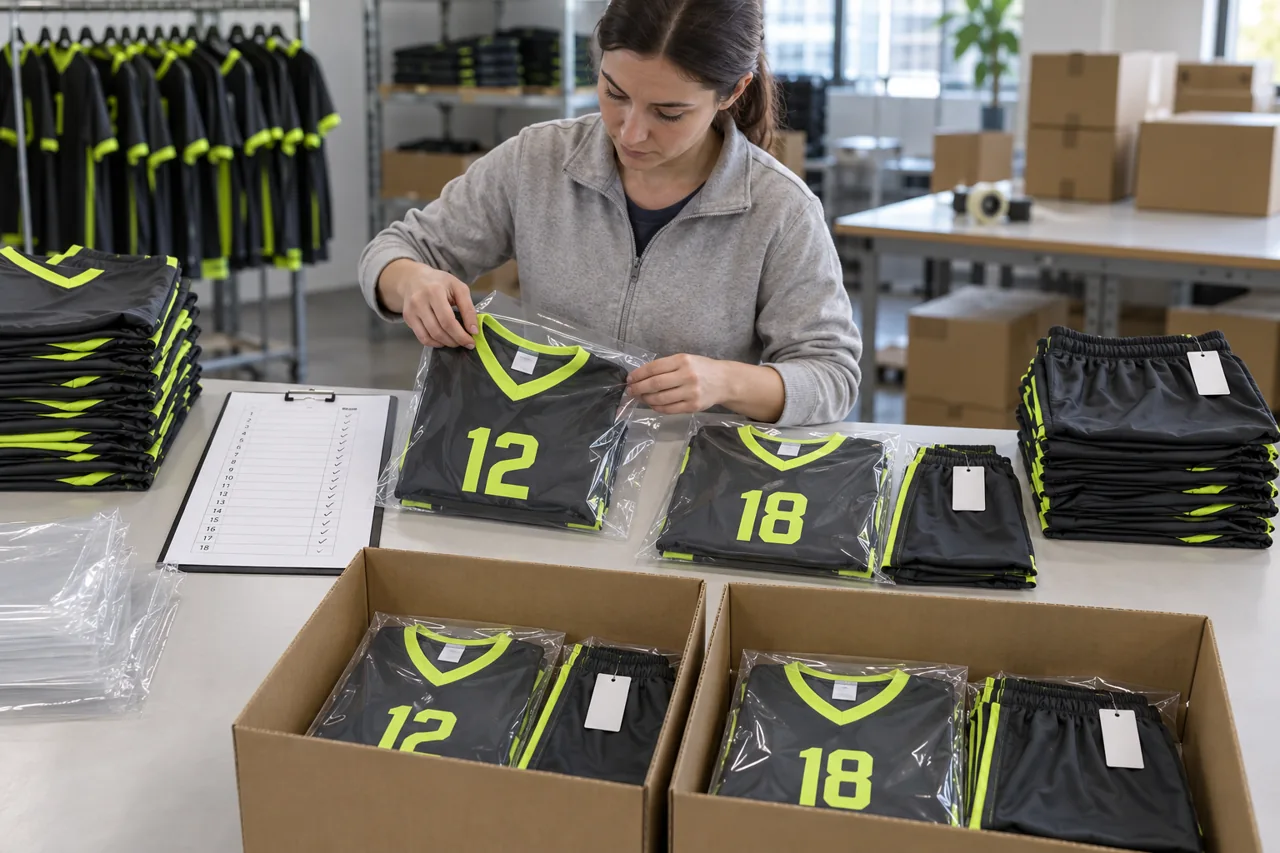 Match each jersey-and-shorts allocation with the approved packing record.