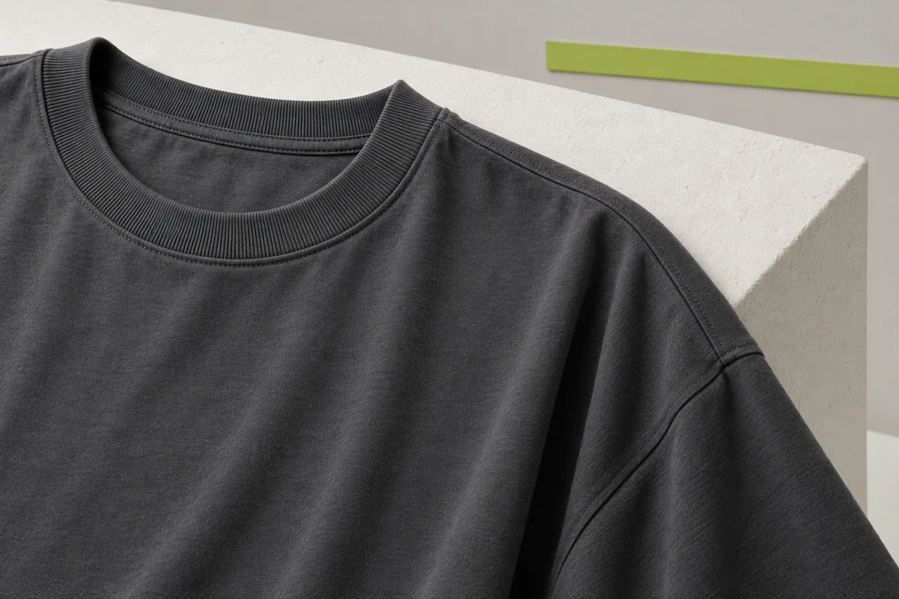 Rib collar and dropped shoulder seam on a charcoal oversized T-shirt construction concept