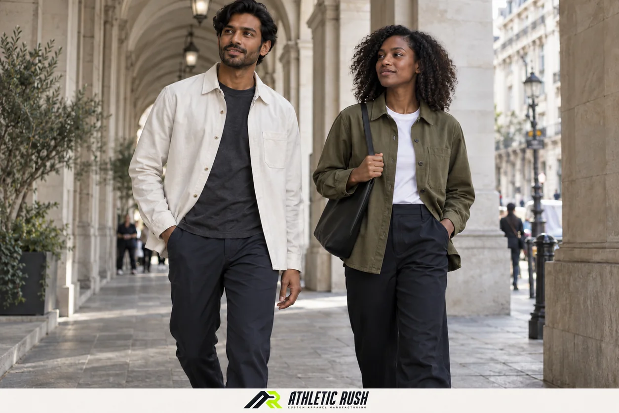 Conceptual streetwear styling shows an ivory shirt-like overshirt worn open and an olive overshirt with a more structured outline