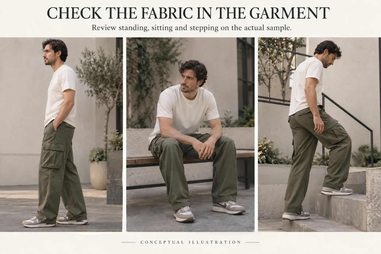 Same conceptual cargo sample shown on an adult wearer standing, sitting and stepping onto a low stair