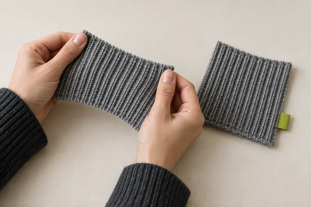 Conceptual hands gently extending a rib-knit swatch beside a relaxed comparison swatch