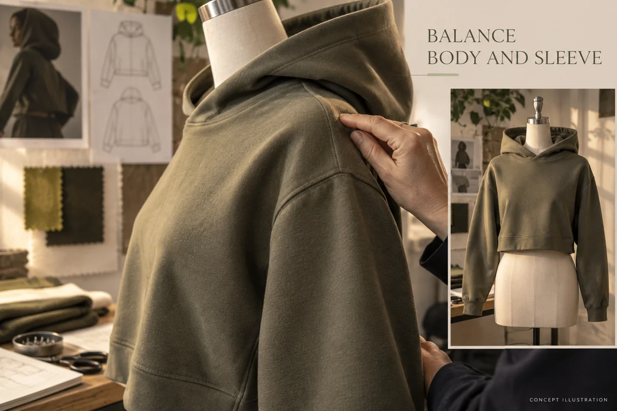 Conceptual patternmaker reviewing the shoulder and sleeve balance on an olive cropped hoodie dress form