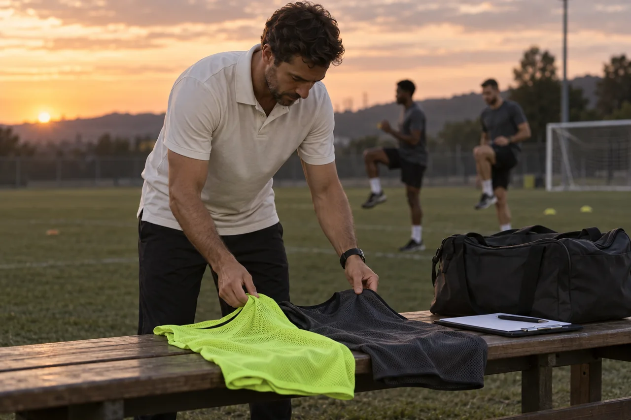 A coach prepares plain backup training bibs beside a sports bag at the training ground.