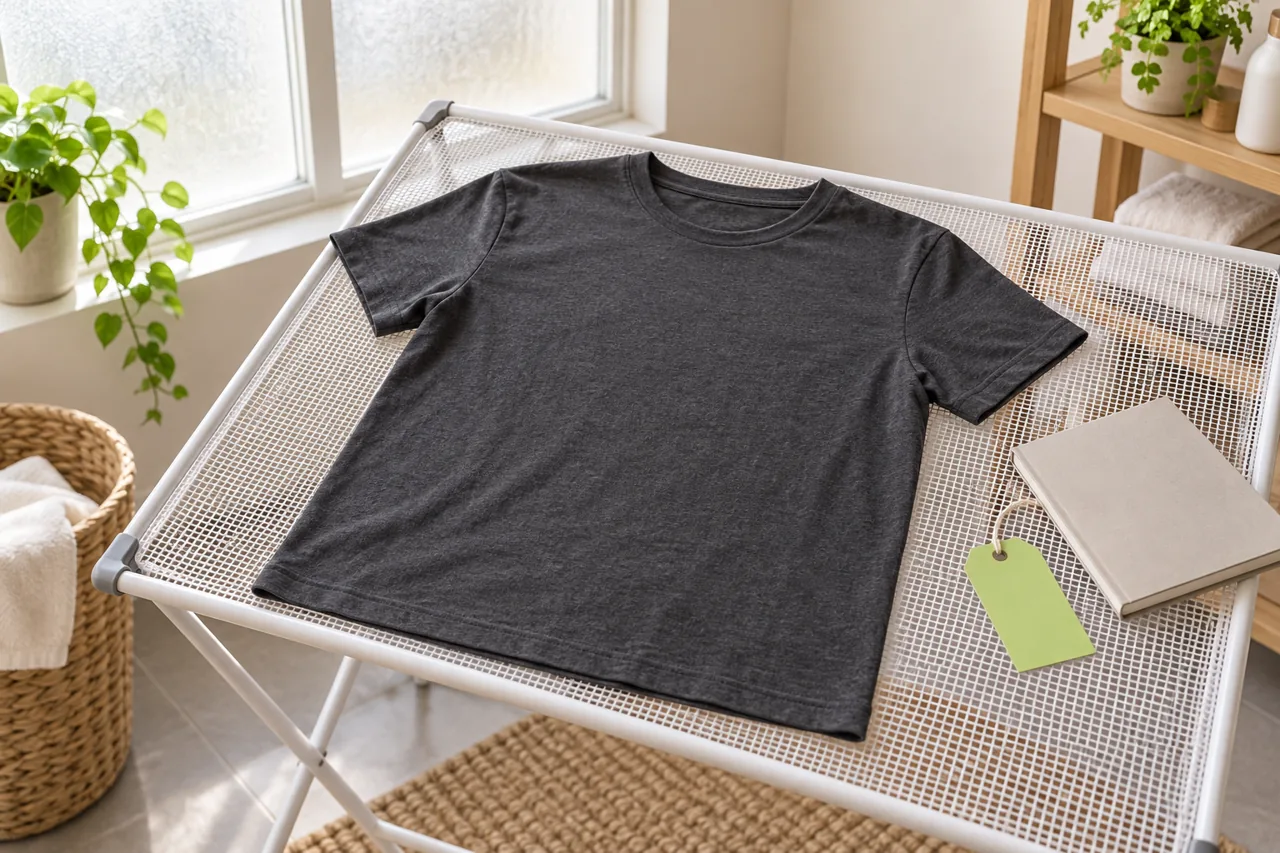 A conceptual T-shirt care review shows a garment resting on a mesh surface beside a sample record