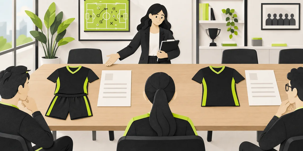 A club buyer compares a jersey-and-shorts set with a jersey-only option alongside separate quotation sheets.