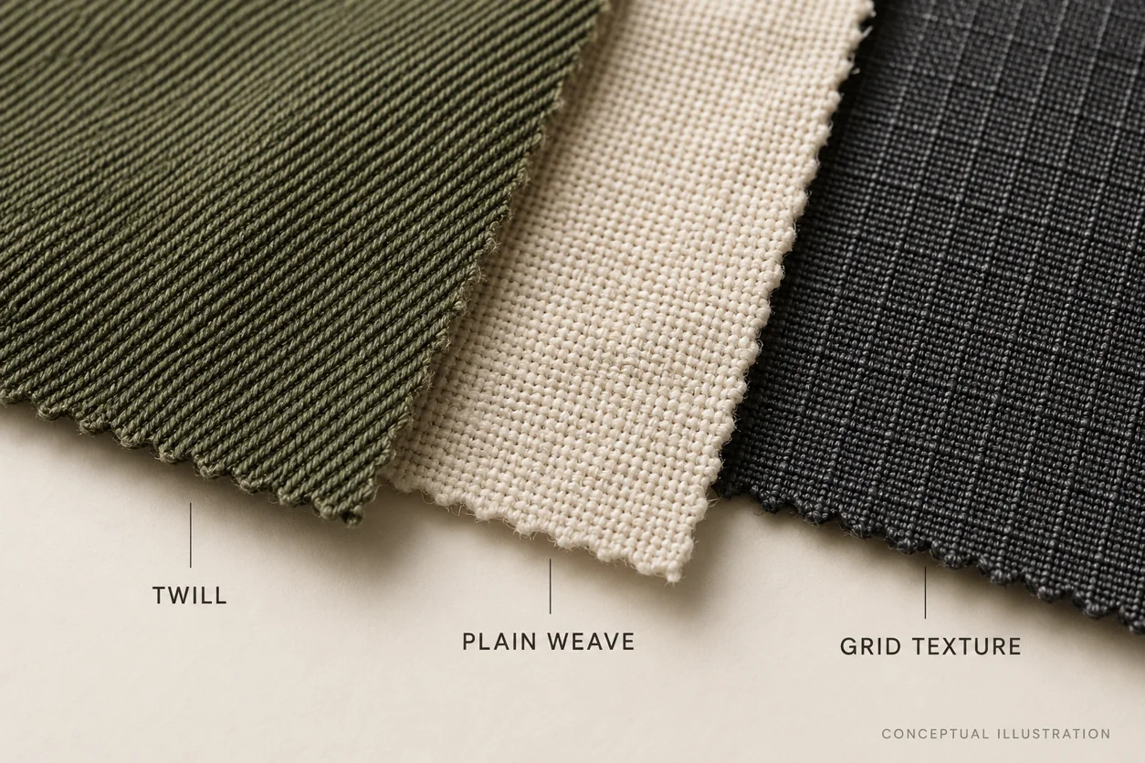 Conceptual close-up of olive twill, ivory plain weave and charcoal grid-textured woven swatches