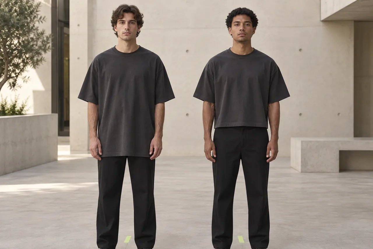 Two fit models illustrate a longer oversized T-shirt and a shorter broad boxy silhouette