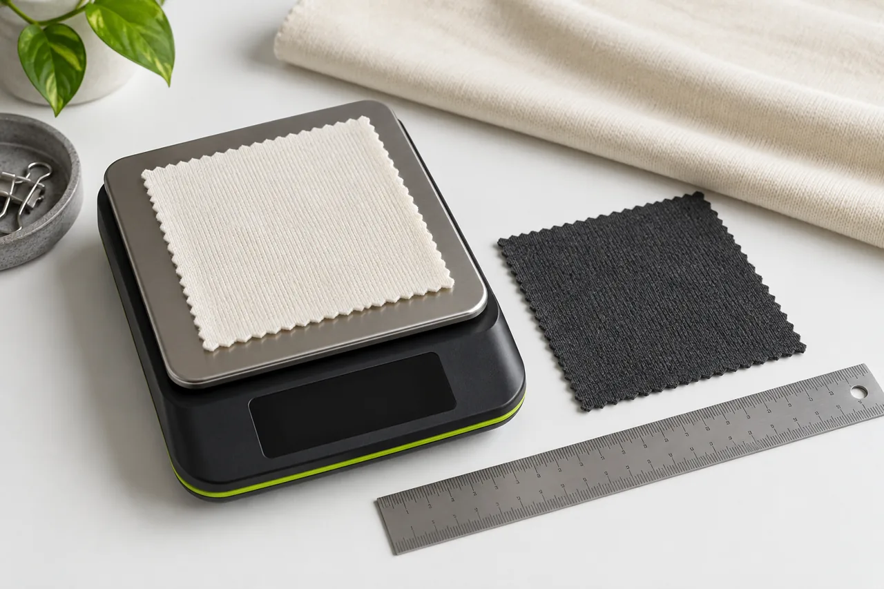 Illustrative equal-area fabric swatches beside a scale show the idea of measuring fabric mass per area