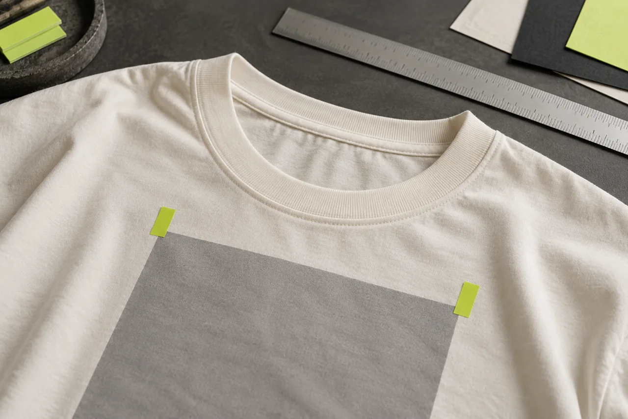 Conceptual neckline and upper chest reference setup for positioning a T-shirt graphic