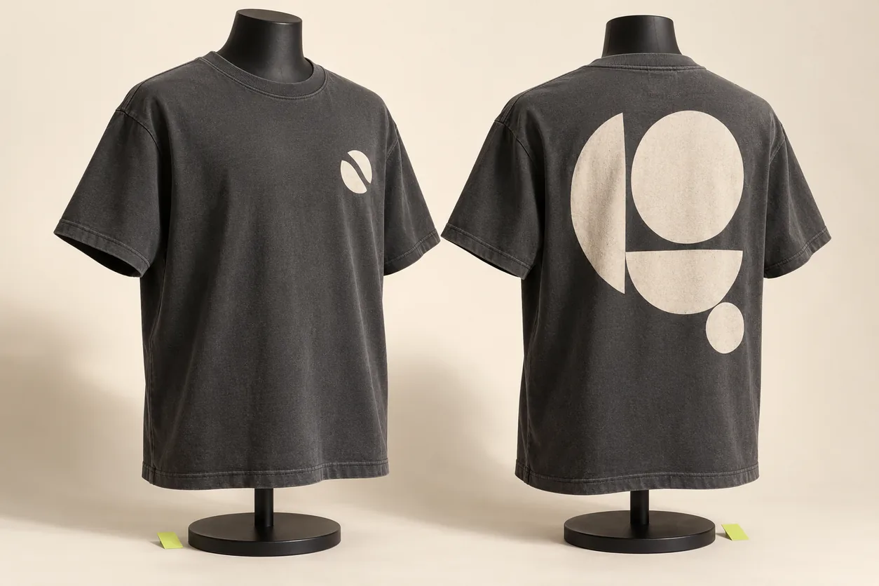 Two charcoal T-shirt forms show a small chest graphic and a much larger back graphic