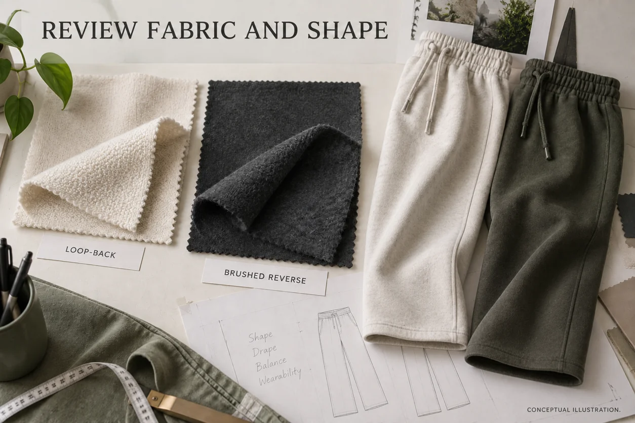 Conceptual loop-back and brushed-reverse swatches sit beside open-hem sweatpant material examples