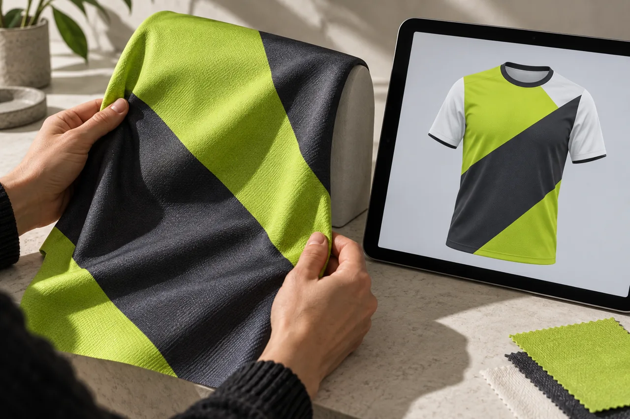 A printed geometric jersey panel is compared with the matching design displayed on a tablet.