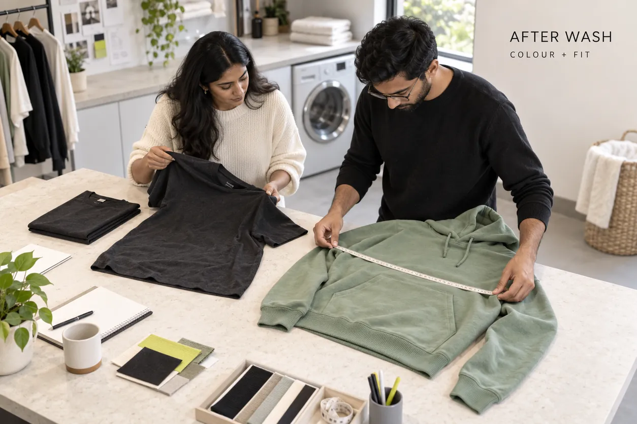 Conceptual clothing developers reviewing a dry charcoal tee and sage hoodie through separate colour and measurement observations