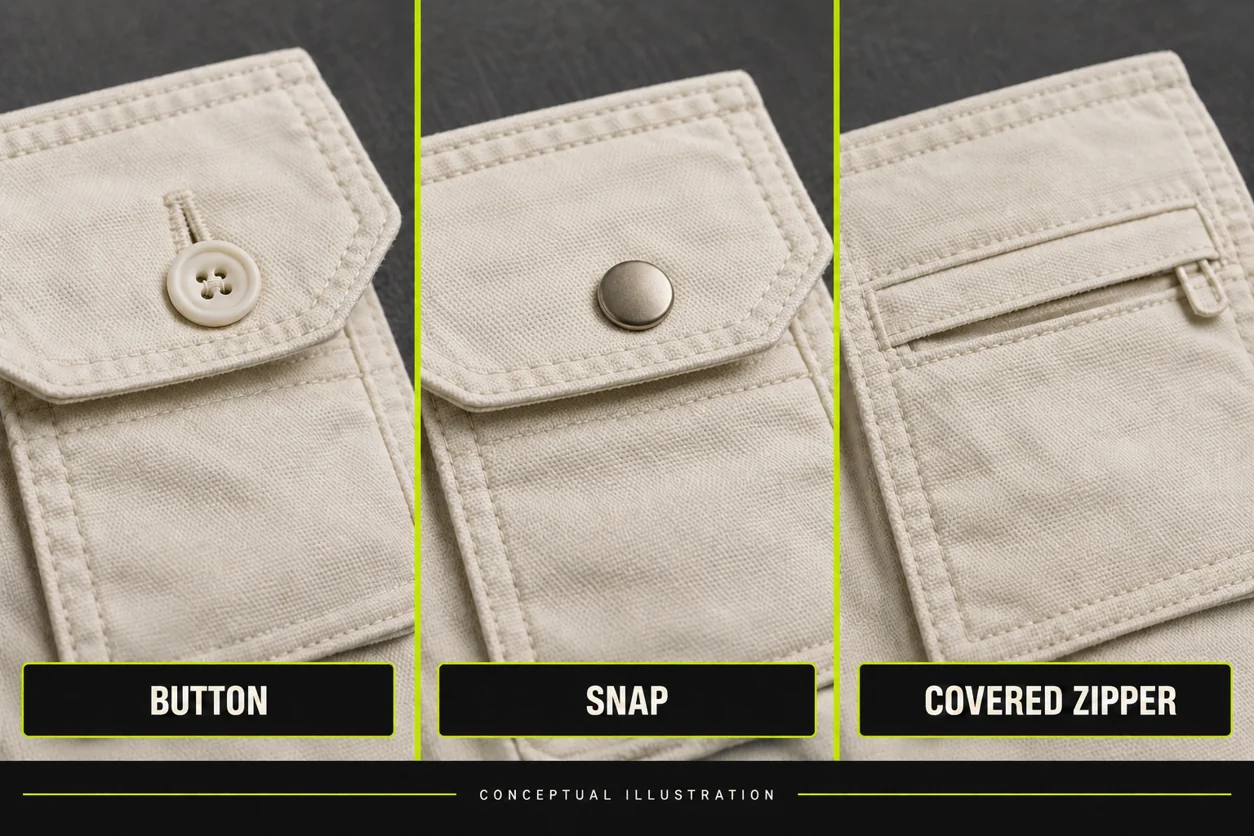 Button, snap and covered zipper details shown on three conceptual woven cargo pocket openings