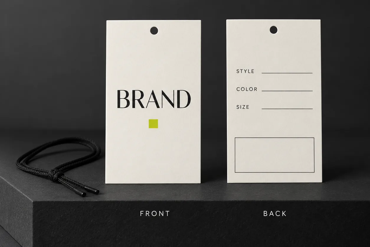 Conceptual hangtag front and back showing brand hierarchy and separate style, color and size fields