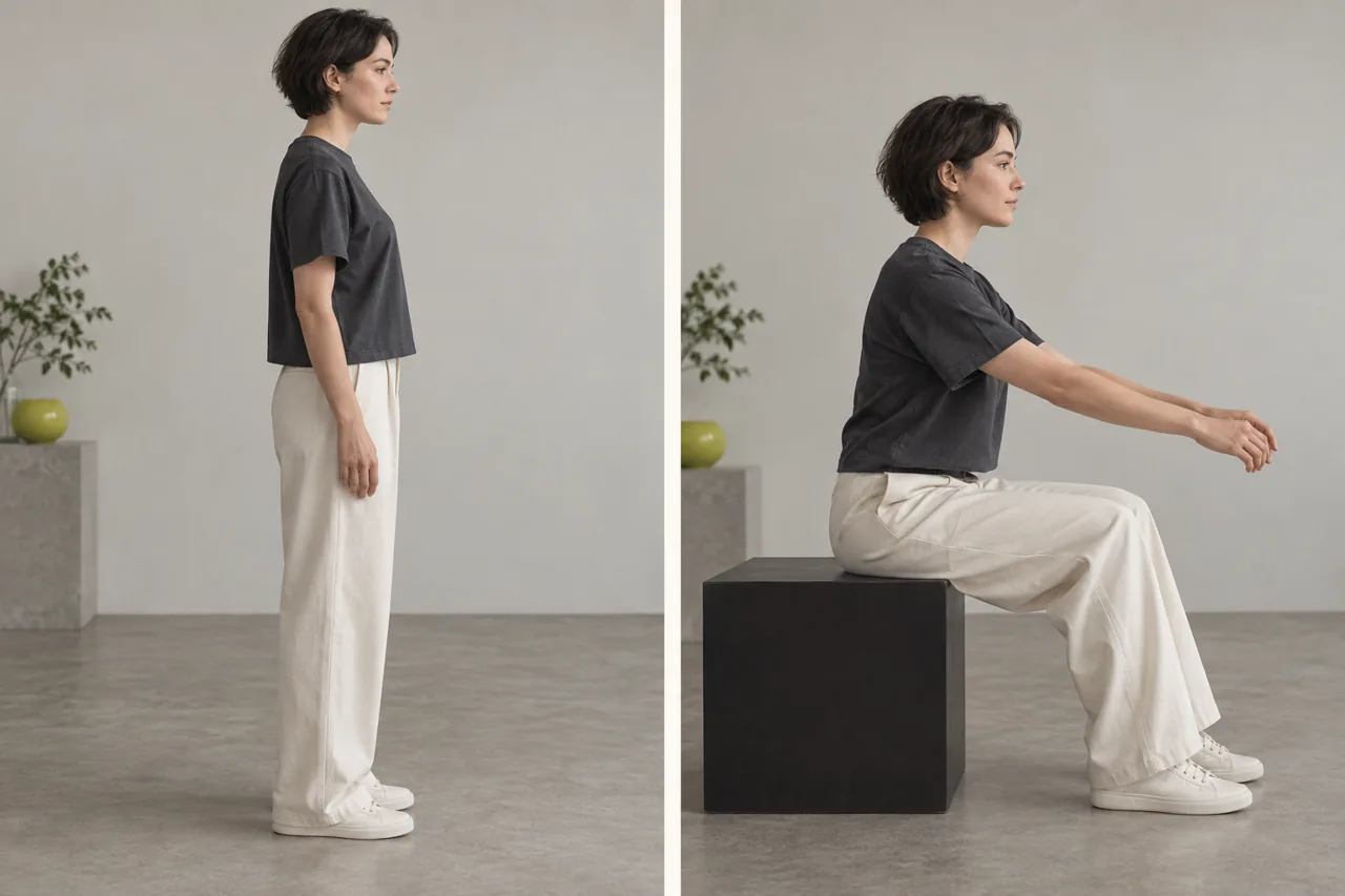 A standing and seated fit review illustrates how a shorter T-shirt meets the trouser waistband