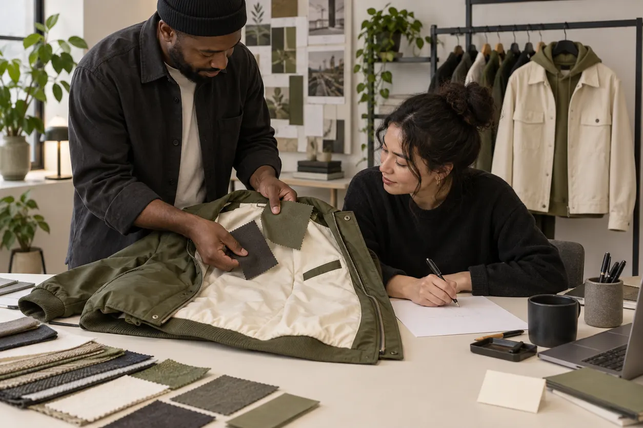 Conceptual buyer review brings lining colour swatches, an opened jacket and a written revision together at one table