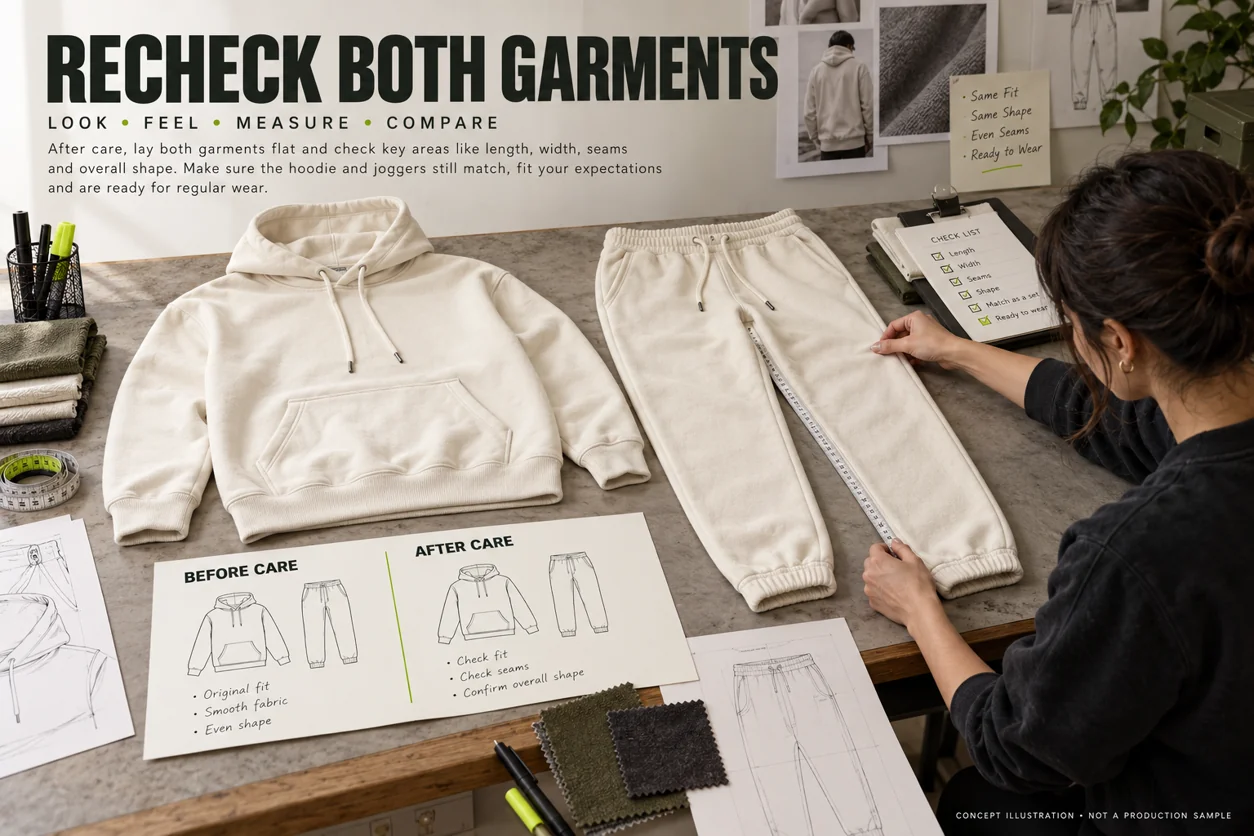 Concept care-review workbench with hoodie and jogger records kept separately before and after care