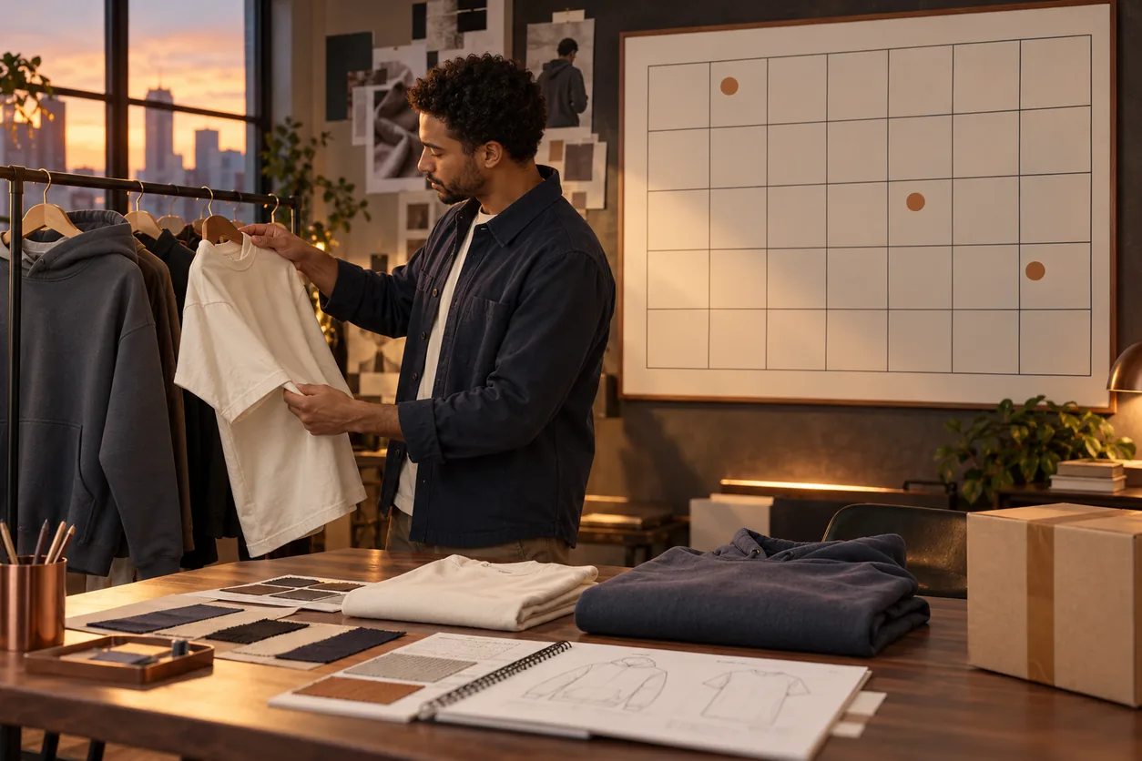 Founder reviewing a tee and hoodie beside an undated launch-planning calendar