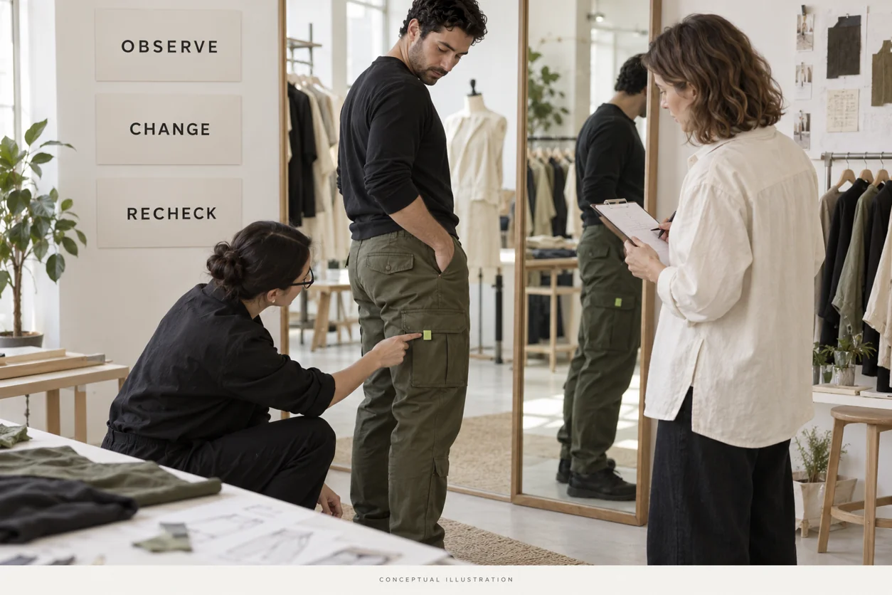 A fitting-room review uses a removable pocket marker and observe, change, recheck cards to discuss one conceptual revision