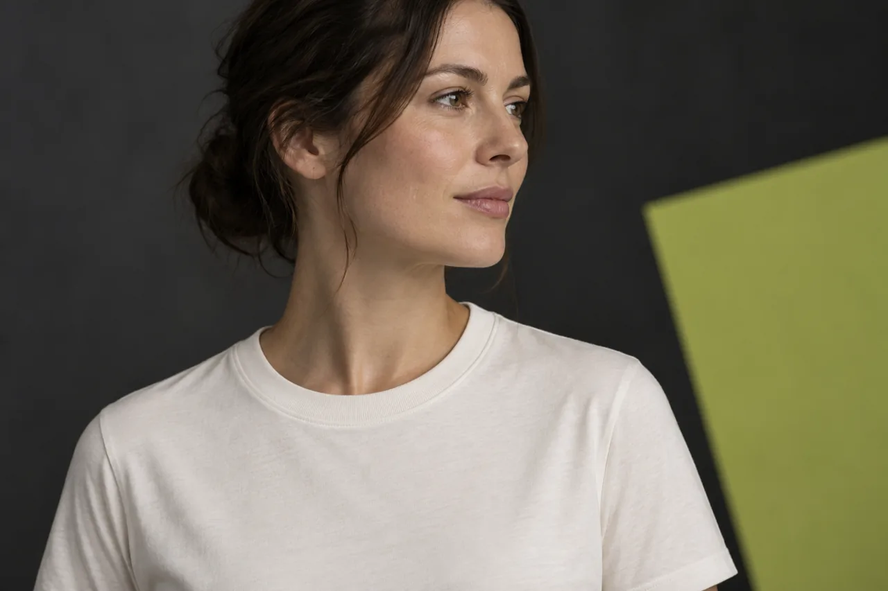 Conceptual wearer in an off-white crew-neck T-shirt showing the neckline in a normal standing posture