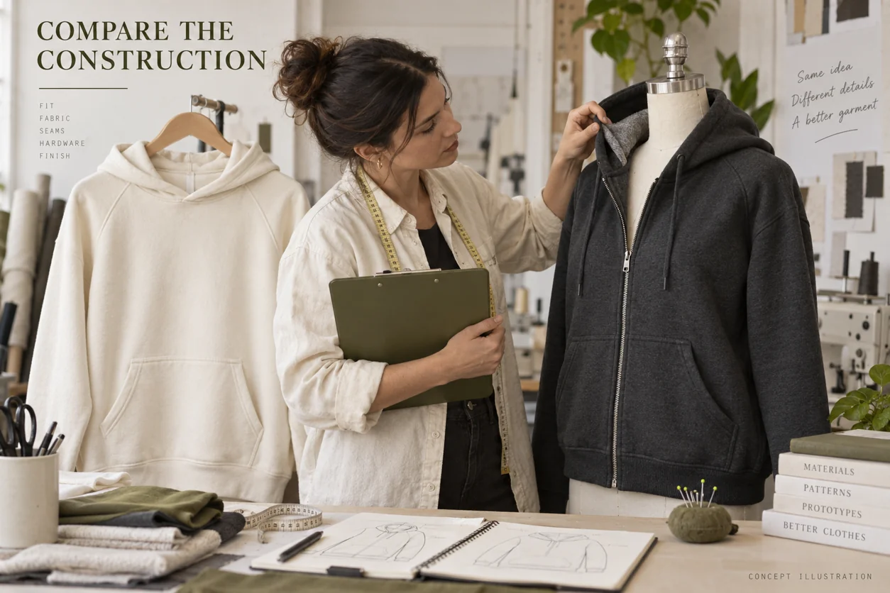 Conceptual developer comparing a zip hoodie and pullover while inspecting their construction details
