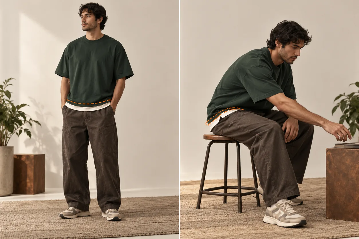 The same conceptual green tee shown while standing and seated with the hem highlighted