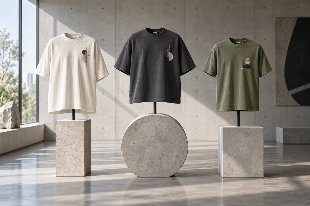 Conceptual three-style streetwear capsule displayed in a minimal gallery