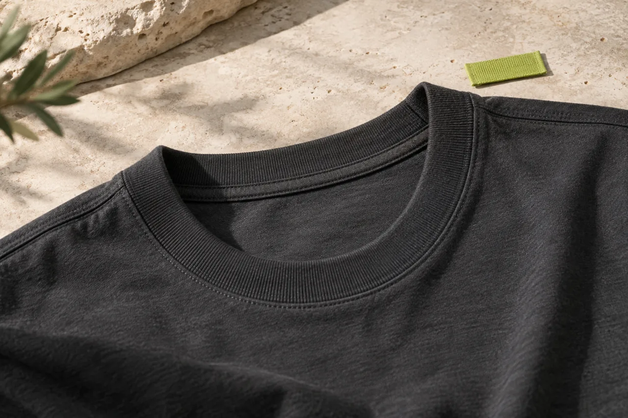 Conceptual close-up of charcoal T-shirt neck rib and its surrounding seam