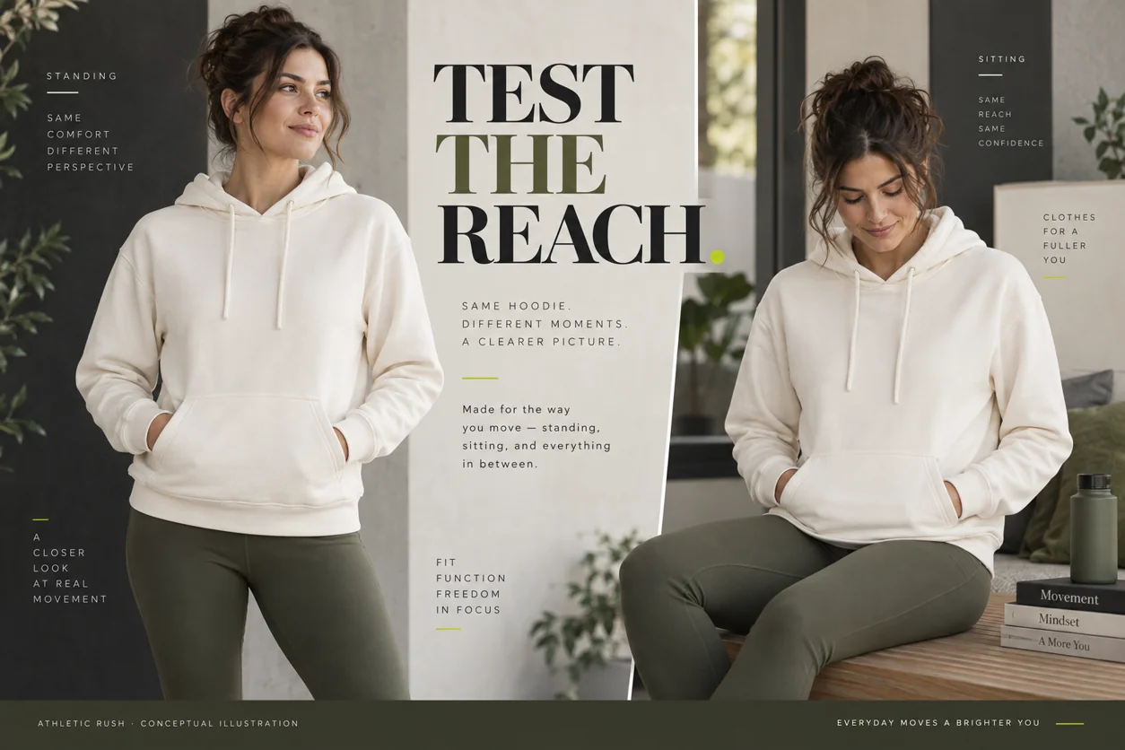 Conceptual standing and seated comparison of an adult checking access to a hoodie pocket