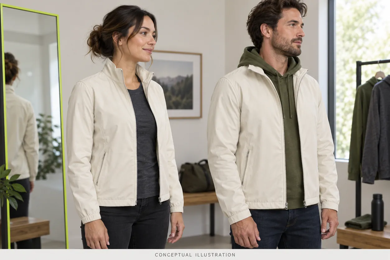 Conceptual fitting comparison shows cream jacket proposals over a T-shirt and a hoodie, with shoulder and neck space visible