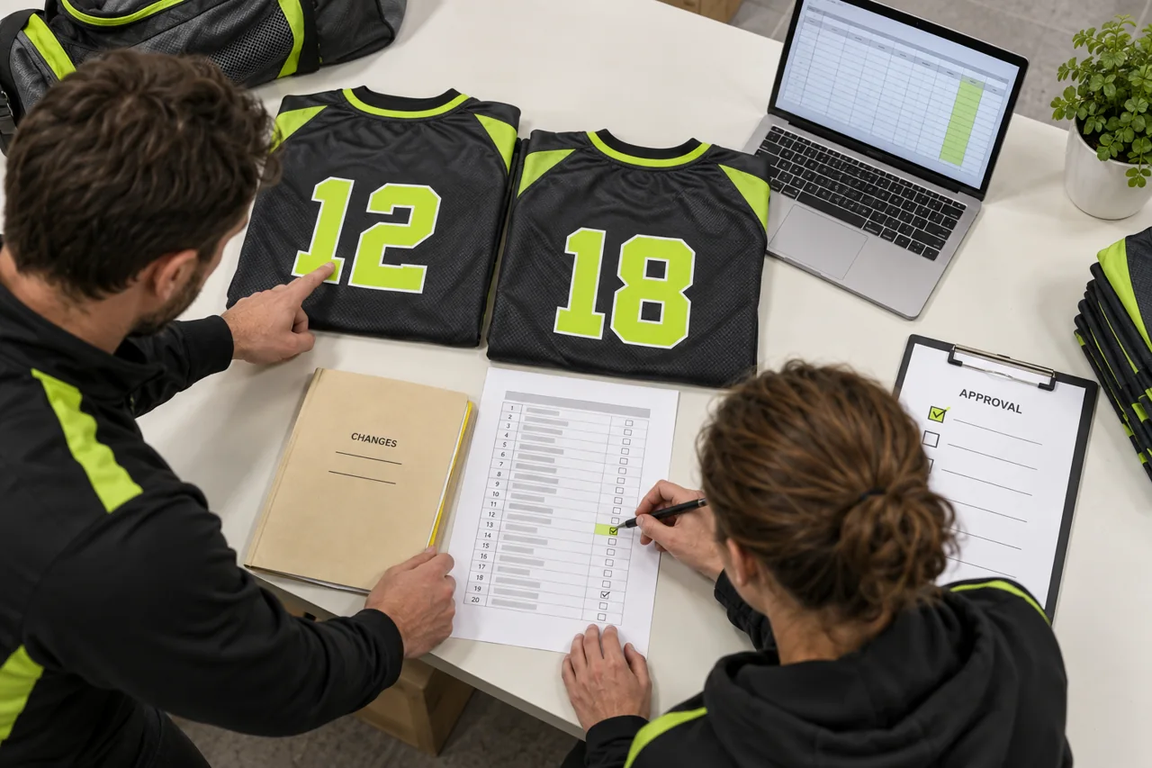 Reconcile player numbers, garment sizes and colourways before personalization.