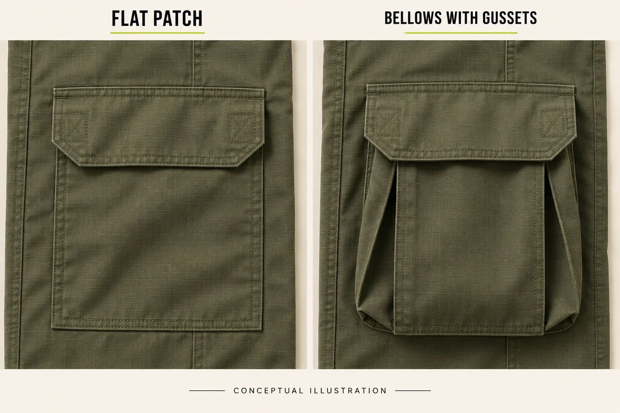 Conceptual olive flat patch and bellows pockets compared with their folded side construction visible