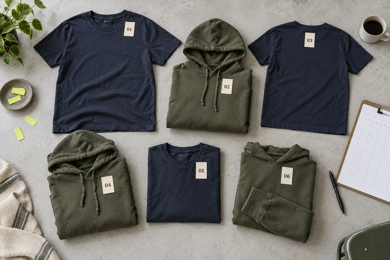 Conceptual overhead arrangement of navy tees and olive hoodies with six simple removable identity tabs