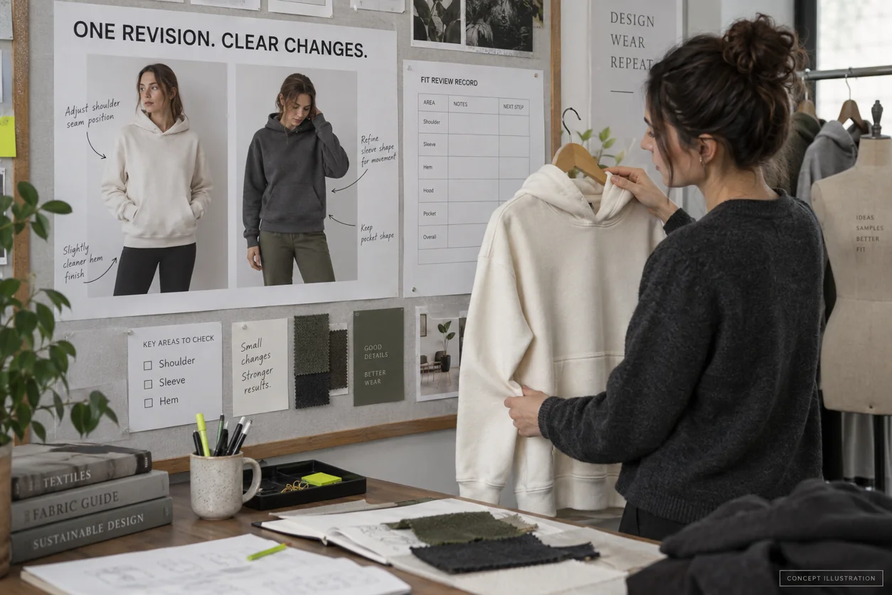 Conceptual developer comparing revision photographs and an identified hoodie sample