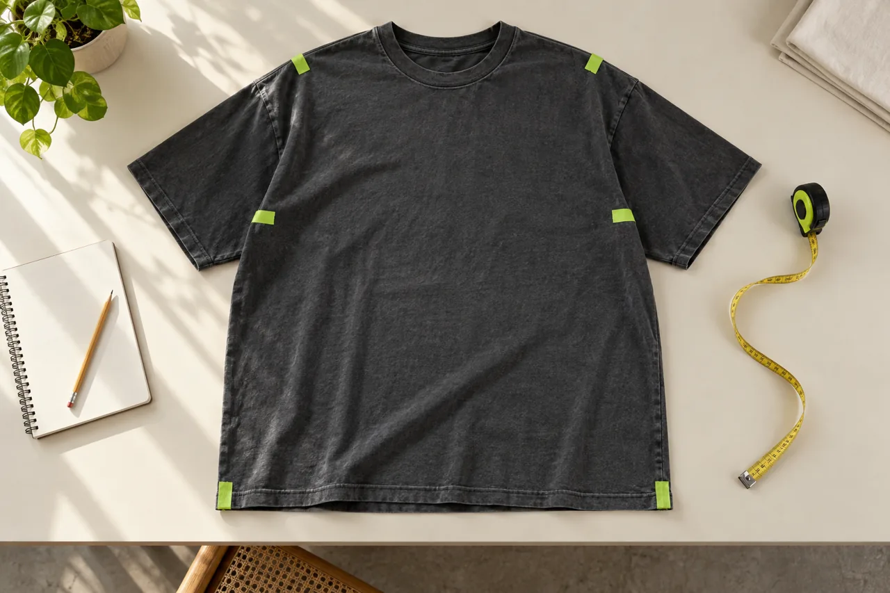 Conceptual overhead view of a charcoal T-shirt prepared for measurement with reference markers