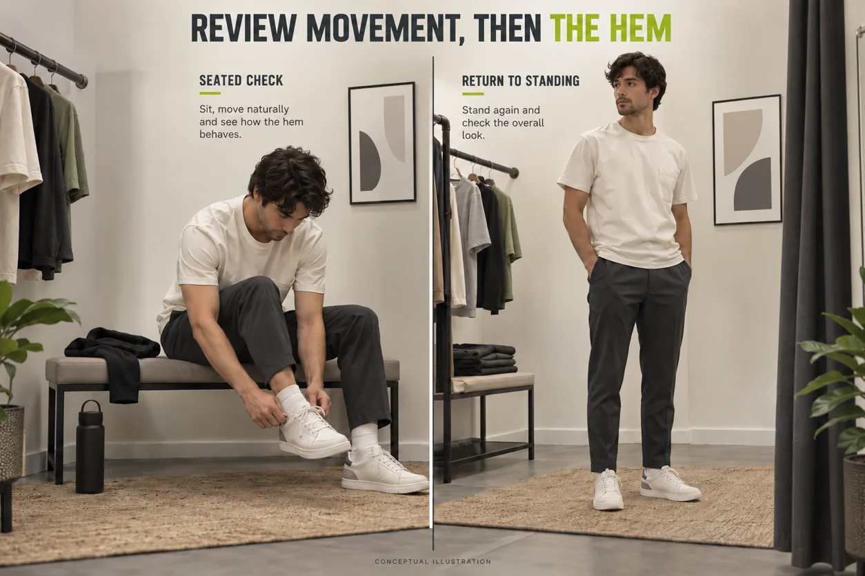 Conceptual fitting-room views show a seated footwear check and a separate return-to-standing review