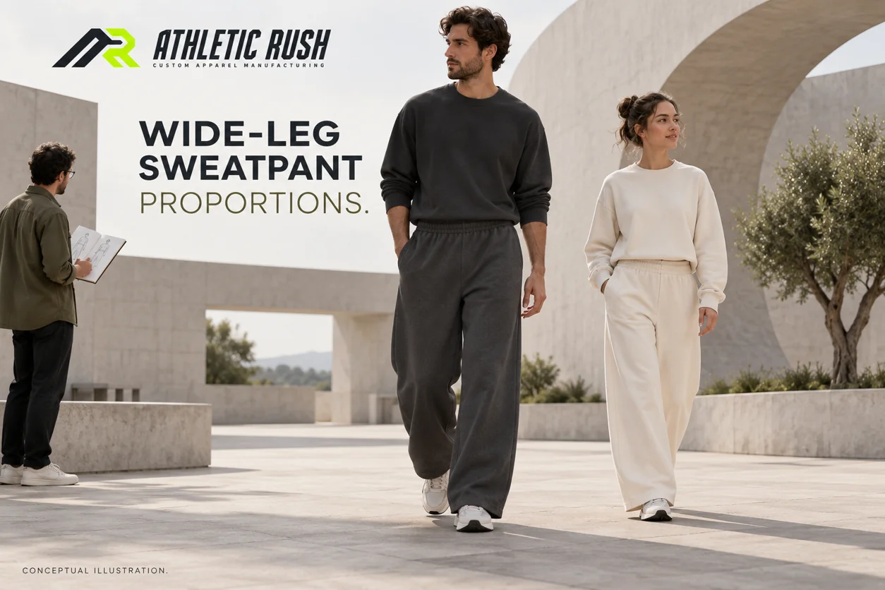 Two adult wearers show conceptual charcoal and ivory wide-leg sweatpants in an architectural courtyard