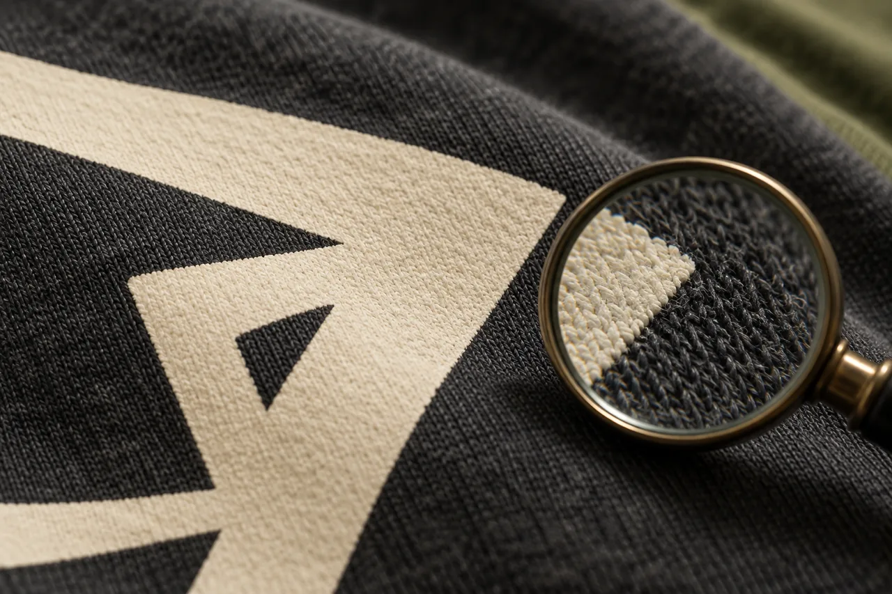 Conceptual macro view of a printed edge and negative space on cotton jersey