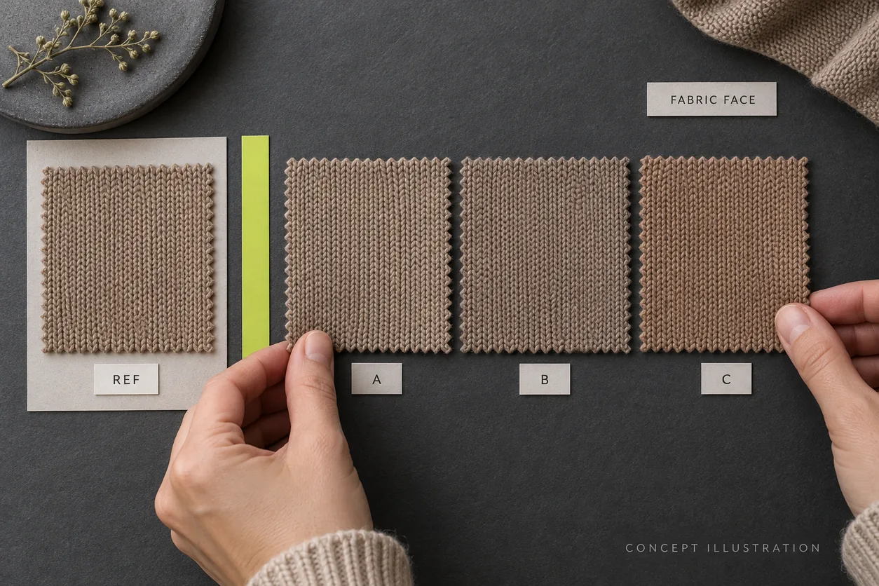 Conceptual comparison of a knit reference with three labelled candidates showing the same visible fabric face