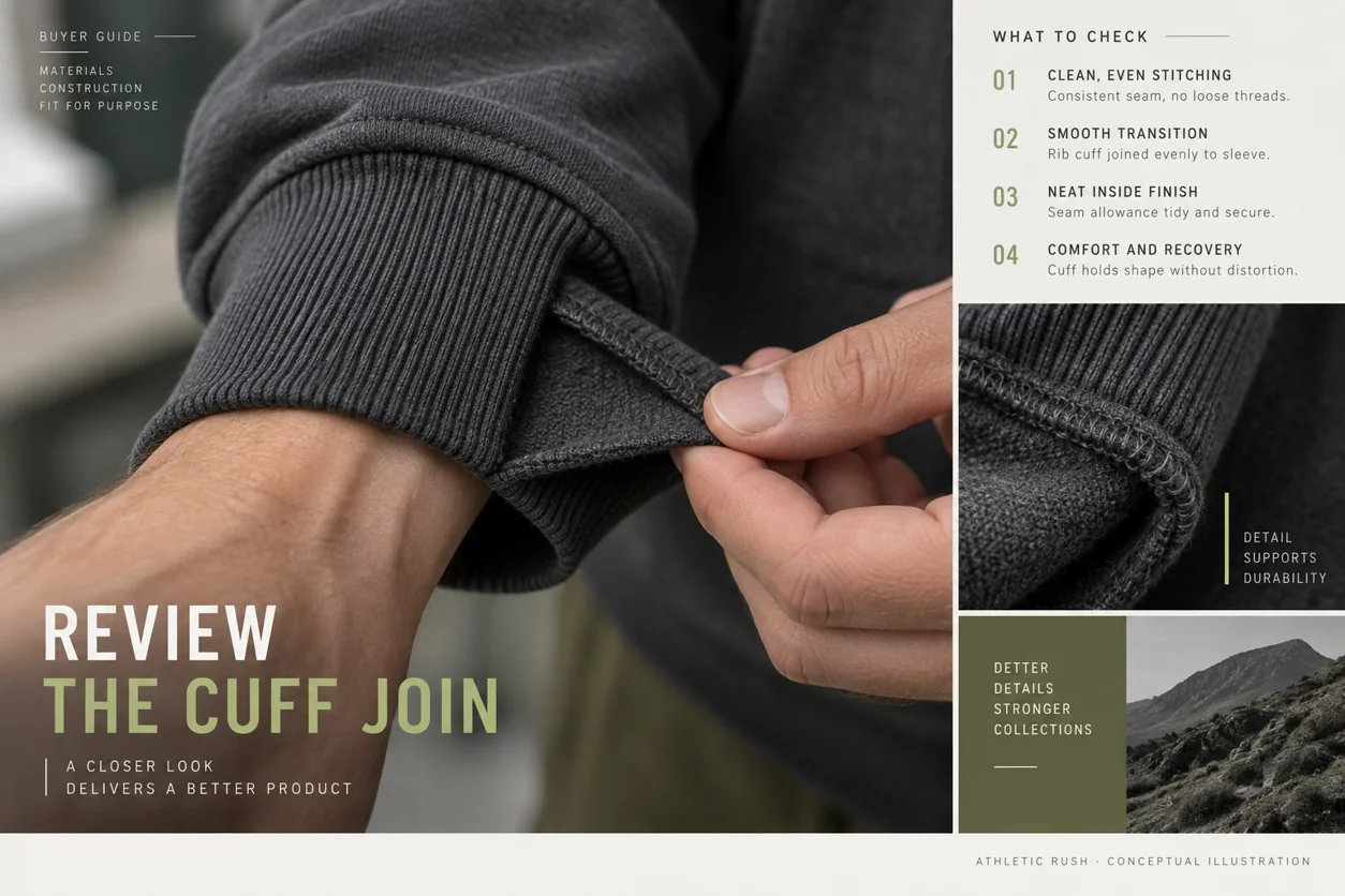 Conceptual close-up of a hoodie cuff on an adult wrist and its sleeve attachment seam