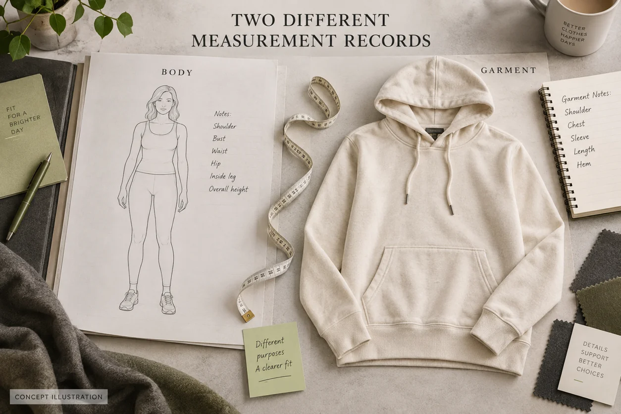 Conceptual separate body and finished hoodie measurement records on a development desk