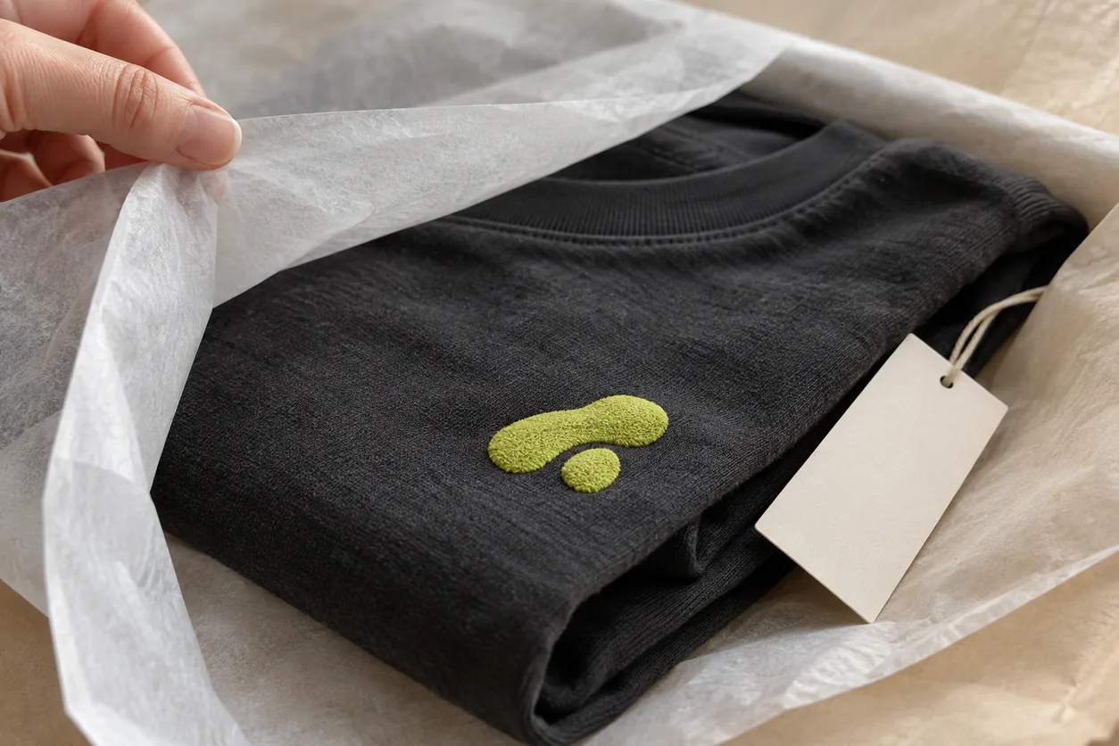 Fingers lift a tissue layer above a folded charcoal tee with a raised lime graphic and a separate blank hangtag