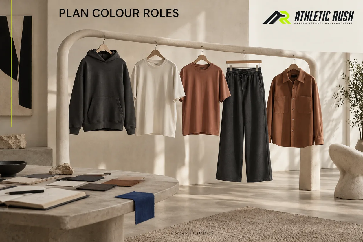 Conceptual collection rail with charcoal hoodie and trousers, chalk and clay T-shirts and a clay overshirt