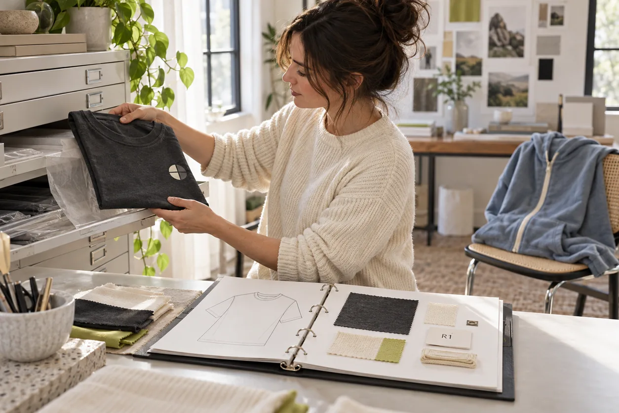 A fictional founder retrieves a retained charcoal T-shirt and its R1 reference packet from a studio archive