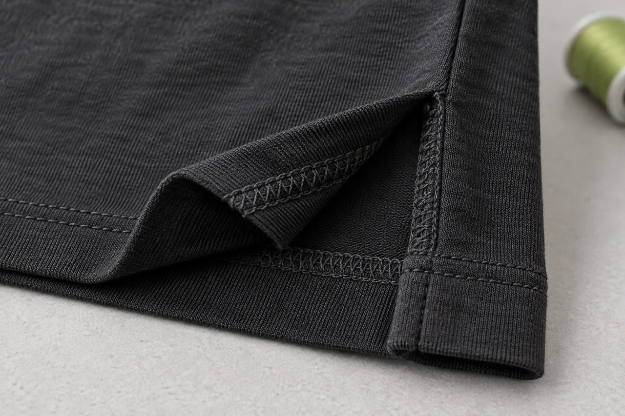 Close conceptual view of a turned T-shirt hem highlights fabric layers and a side-seam intersection