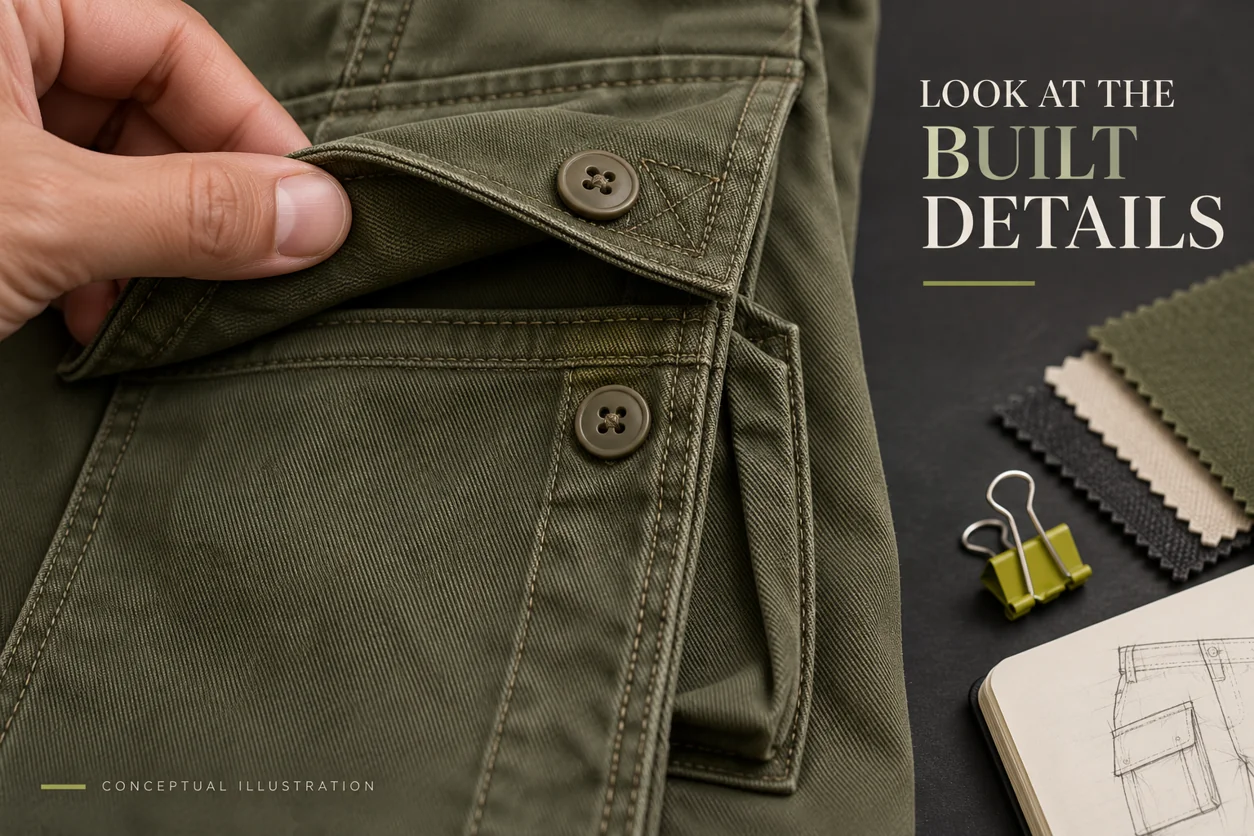 Conceptual lifted cargo pocket flap shows woven texture, seam construction and stacked fabric at the folded corner